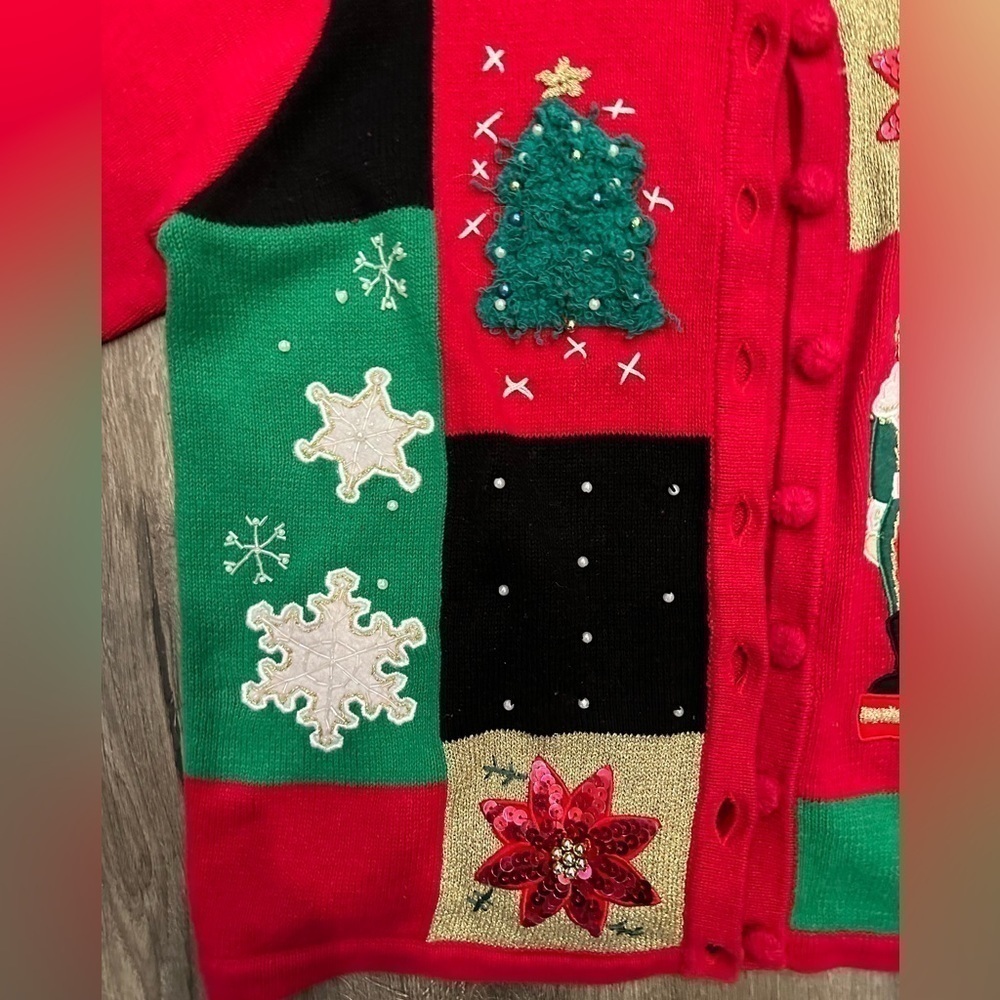 KB Womens Large Cardigan Ugly Sweater Christmas Tree Nutcracker Poinsettia VTG - Picture 9 of 9